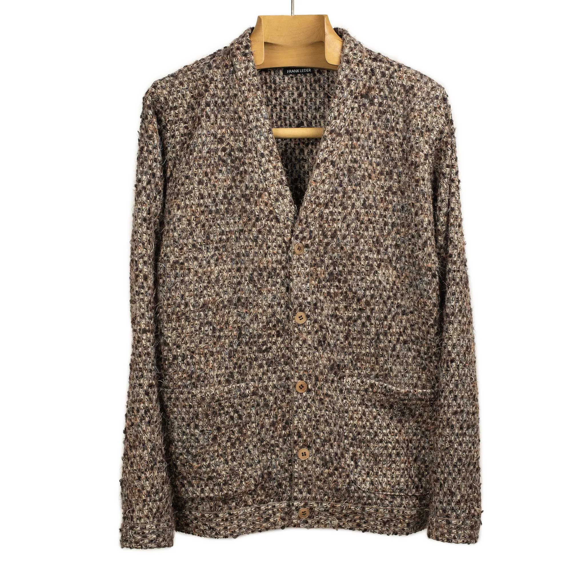 Woven cardigan in slubby brown and beige flecked deadstock vintage wool