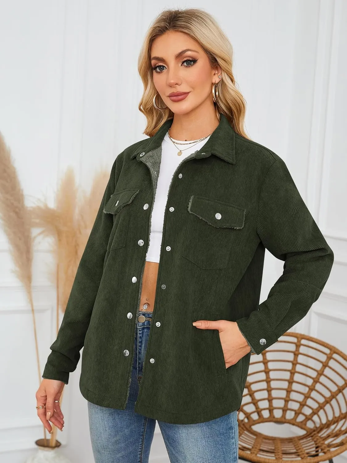 ZAFUL Womens Corduroy Sherpa Jackets Button Down Long Sleeve Fleece Outwear Coat with Pockets